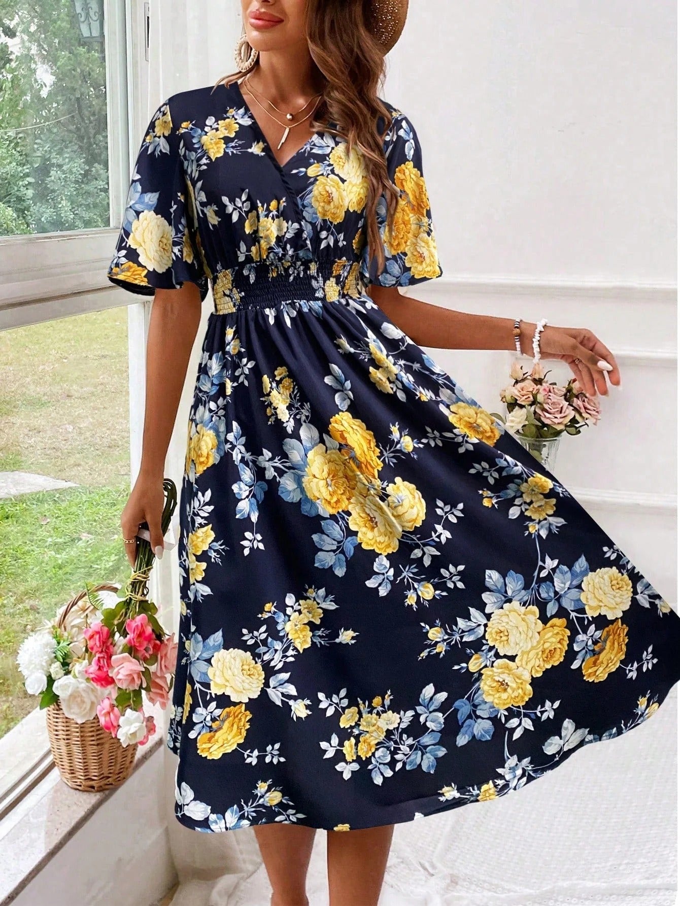 Women's Floral Midi Dress with Smocked Waist