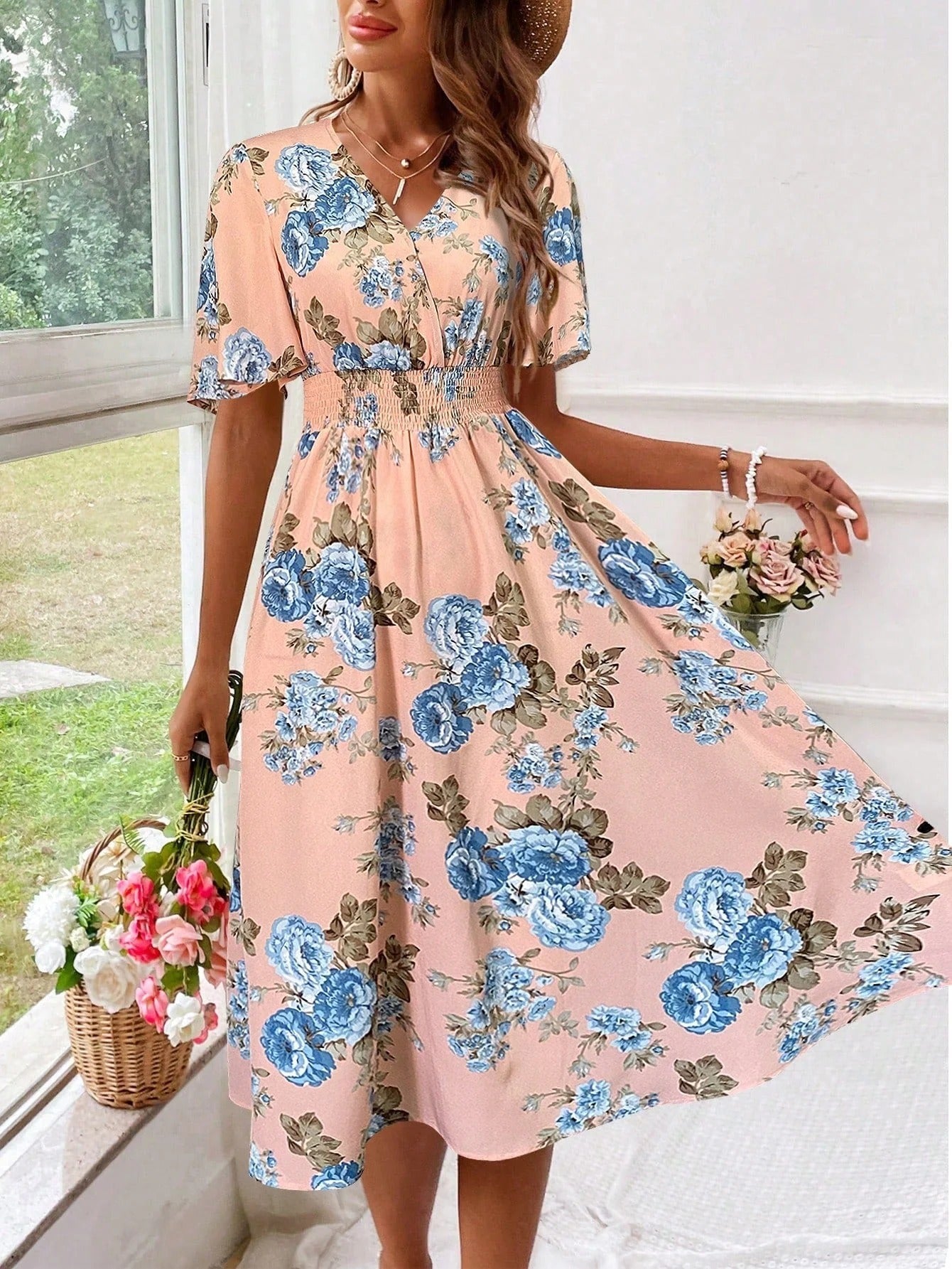 Women's Floral Midi Dress with Smocked Waist