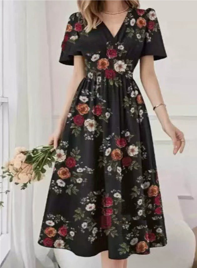 Women's Floral Midi Dress with Smocked Waist