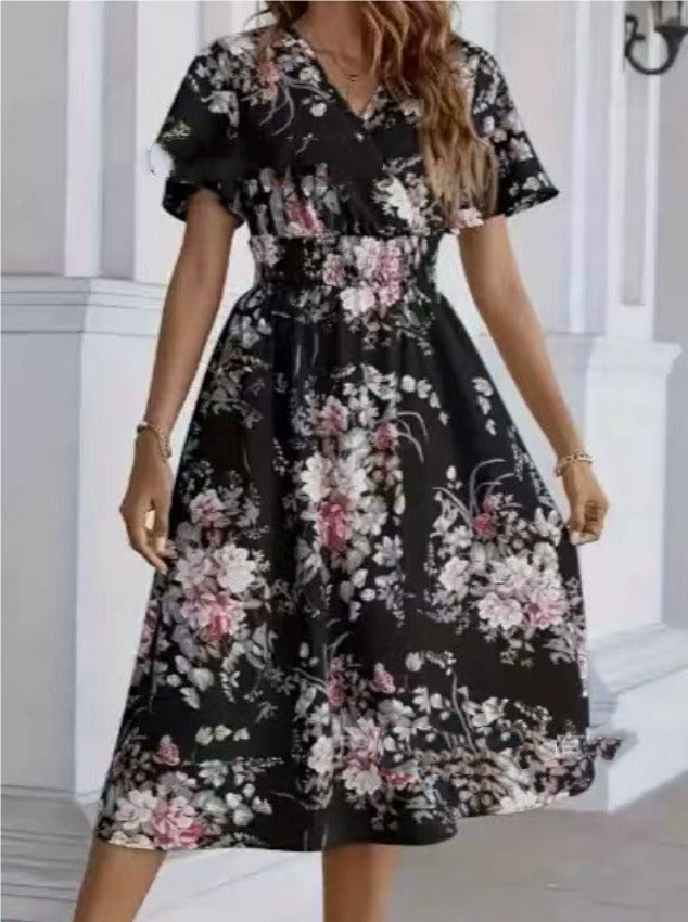 Women's Floral Midi Dress with Smocked Waist
