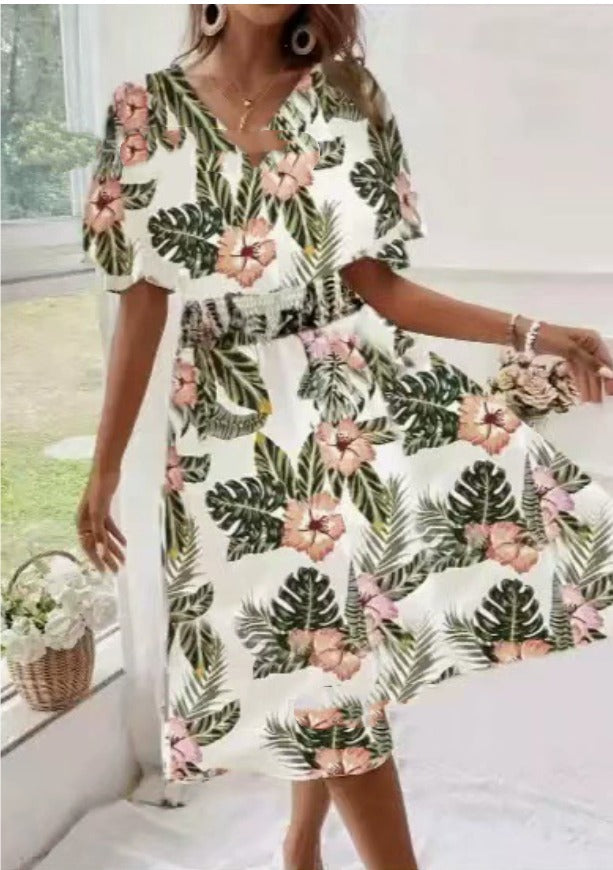 Women's Floral Midi Dress with Smocked Waist