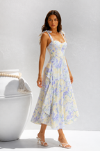 Women's Floral Midi Dress with Tie Shoulder Straps