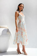 Women's Floral Midi Dress with Tie Shoulder Straps