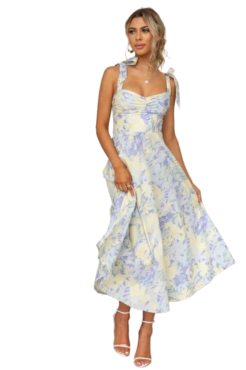 Women's Floral Midi Dress with Tie Straps