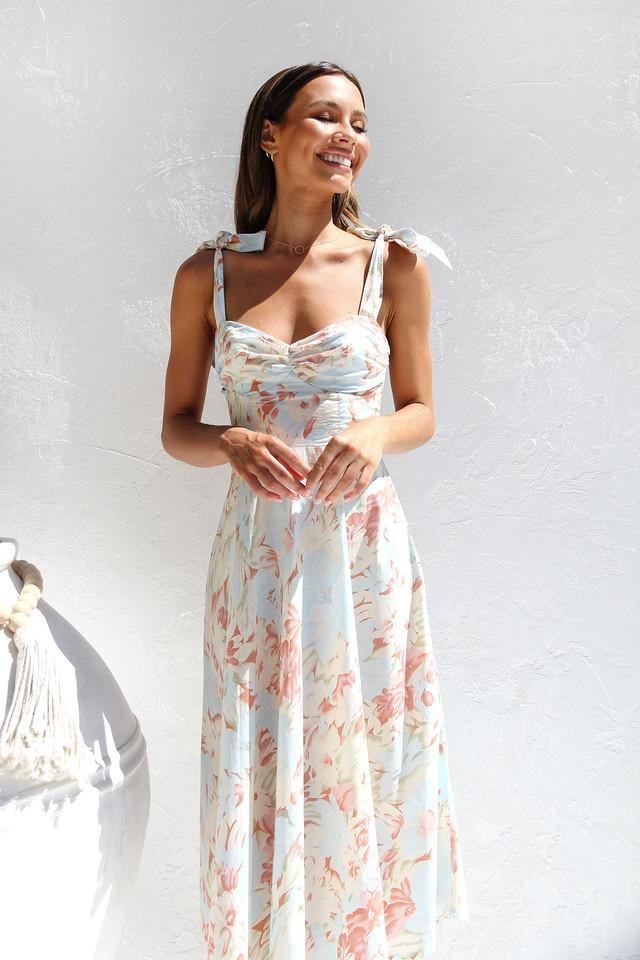 Women's Floral Midi Dress with Tie Straps