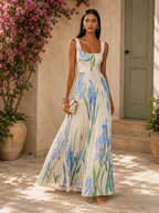 Women’s Floral Pleated Maxi Dress with Square Neckline