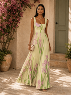 Women’s Floral Pleated Maxi Dress with Square Neckline