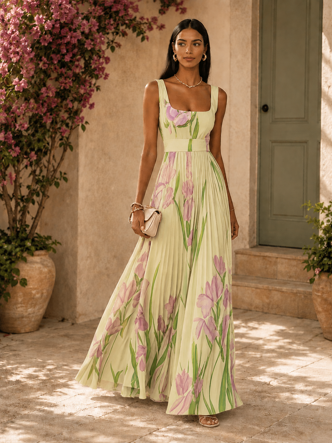 Women’s Floral Pleated Maxi Dress with Square Neckline