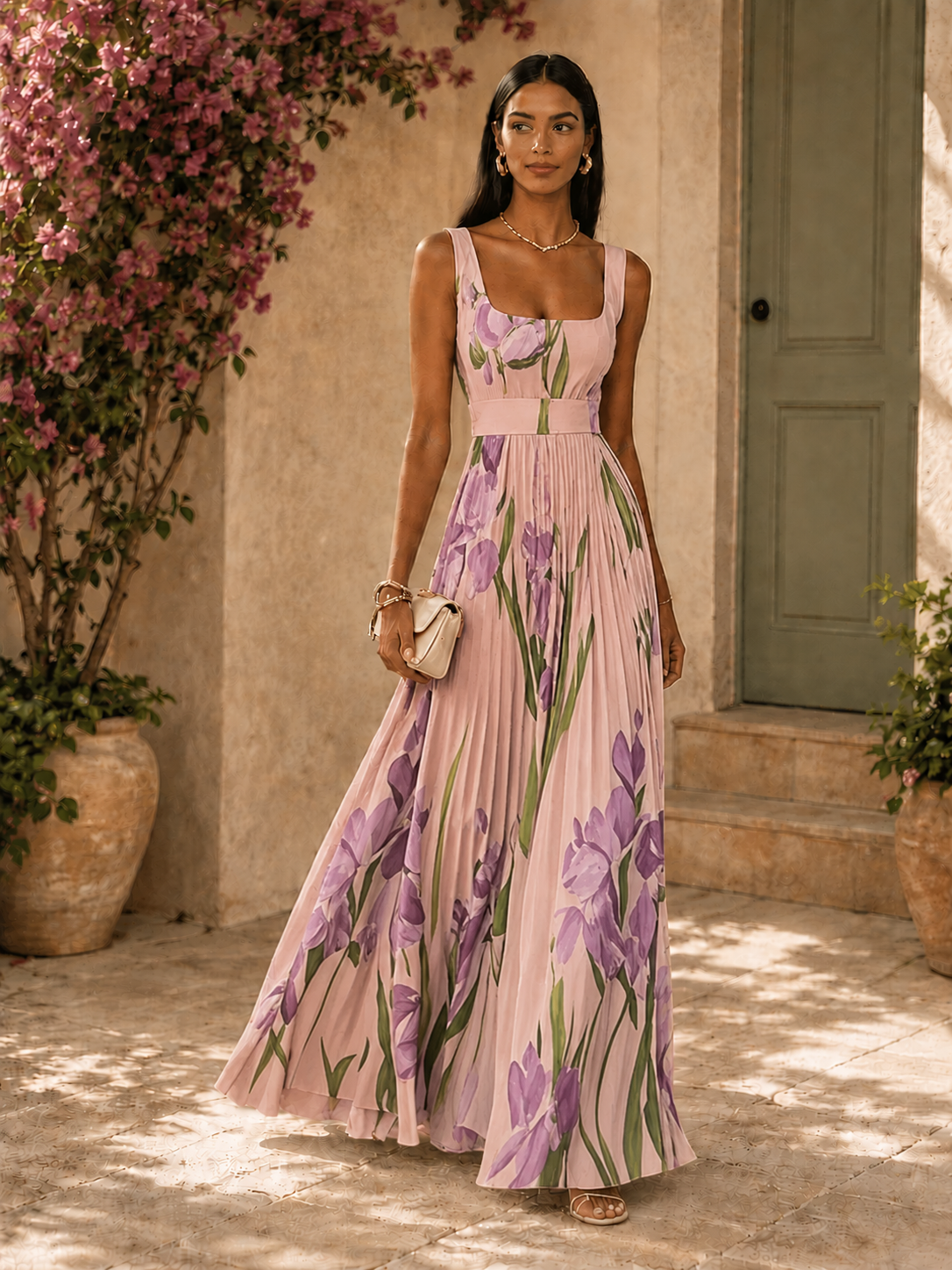 Women’s Floral Pleated Maxi Dress with Square Neckline