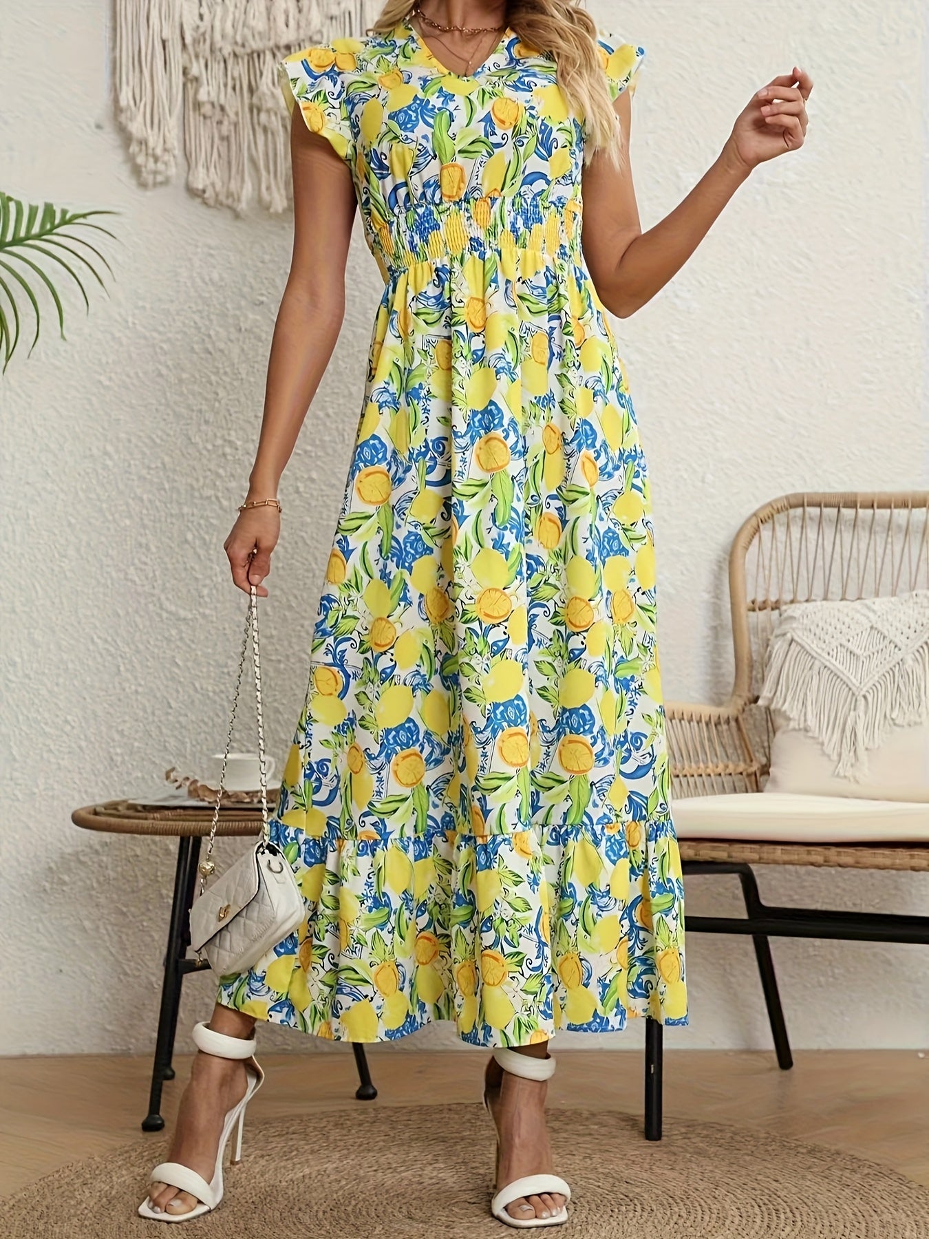 Women’s Floral Print Maxi Dress with Shirred Bodice