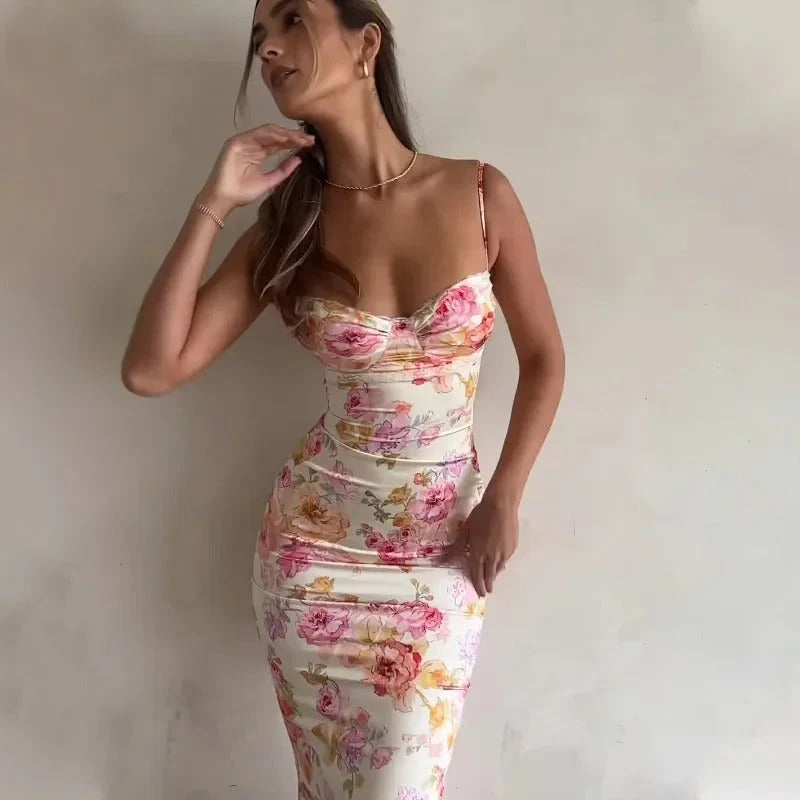 Women's Floral Print Maxi Dress with Short Sleeves