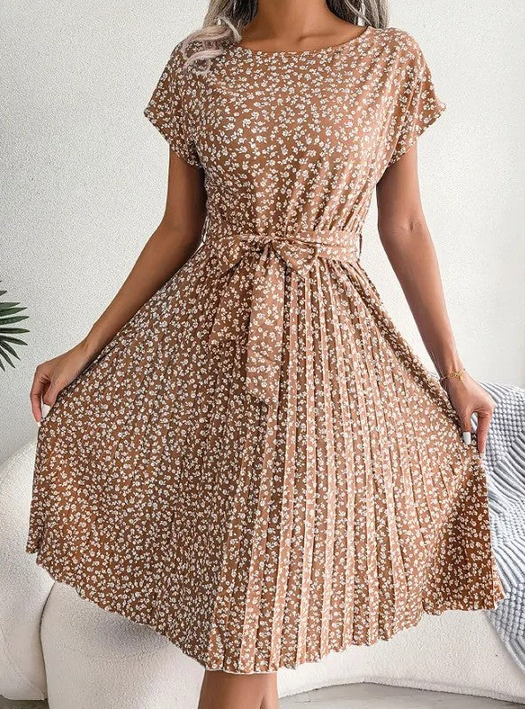 Women's Floral Print Midi Dress with Tie Waist