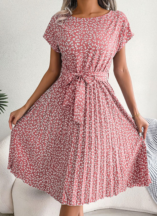 Women's Floral Print Midi Dress with Tie Waist