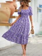 Women’s Floral Square Neck Puff Sleeve Midi Dress