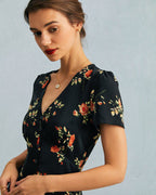 Women’s Floral V Neck Maxi Dress with Button Detail