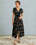 Women’s Floral V Neck Maxi Dress with Button Detail