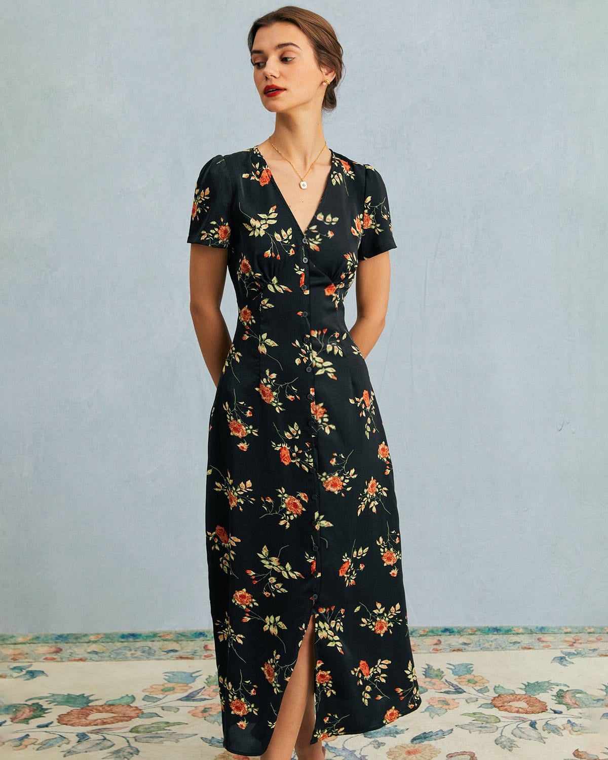 Women’s Floral V Neck Maxi Dress with Button Detail