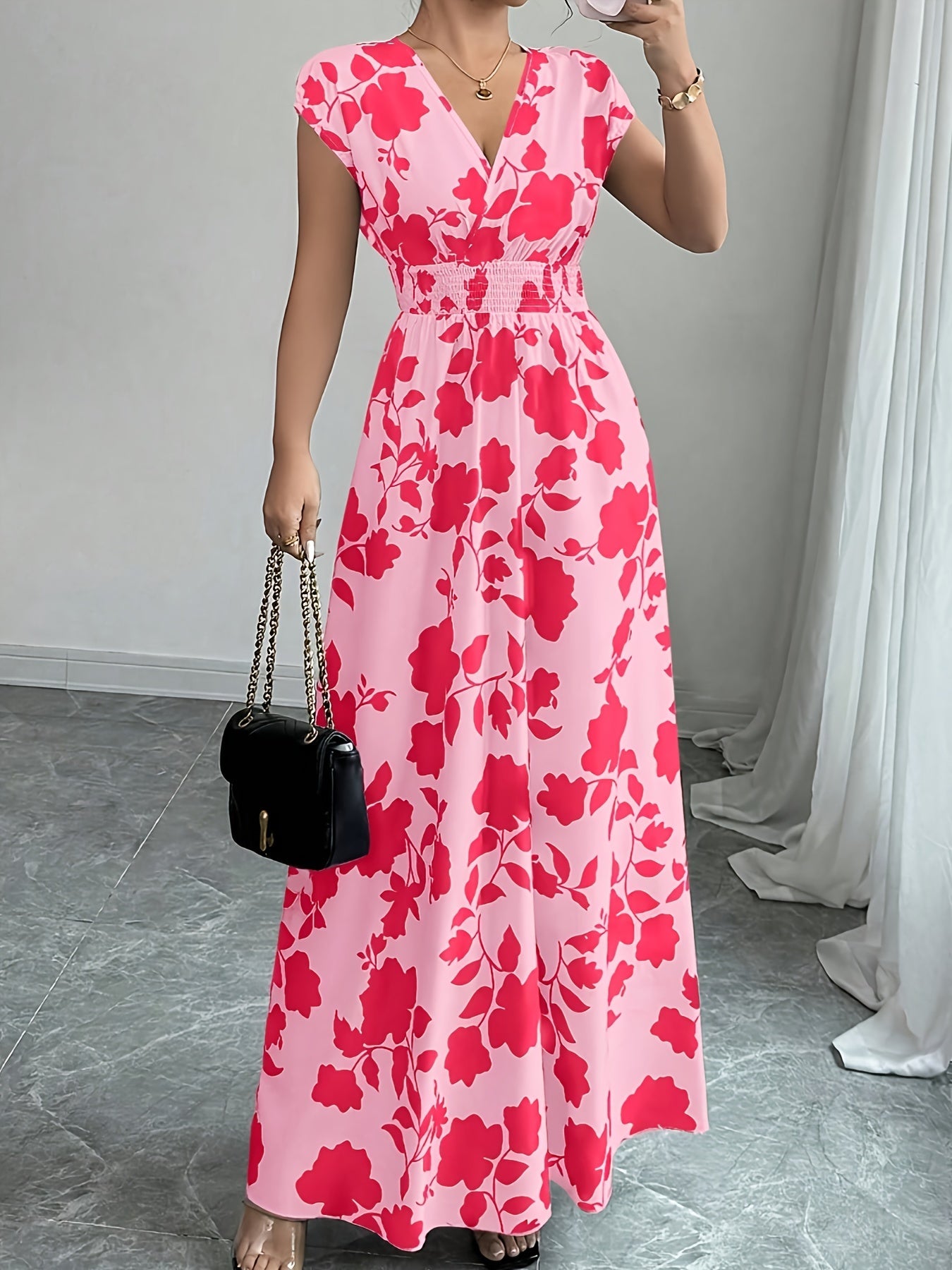 Women’s Floral V Neck Maxi Dress with Shirred Bodice
