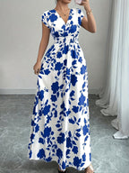 Women’s Floral V Neck Maxi Dress with Shirred Bodice