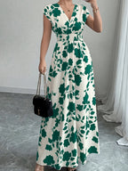 Women’s Floral V Neck Maxi Dress with Shirred Bodice
