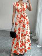 Women’s Floral V Neck Maxi Dress with Shirred Bodice