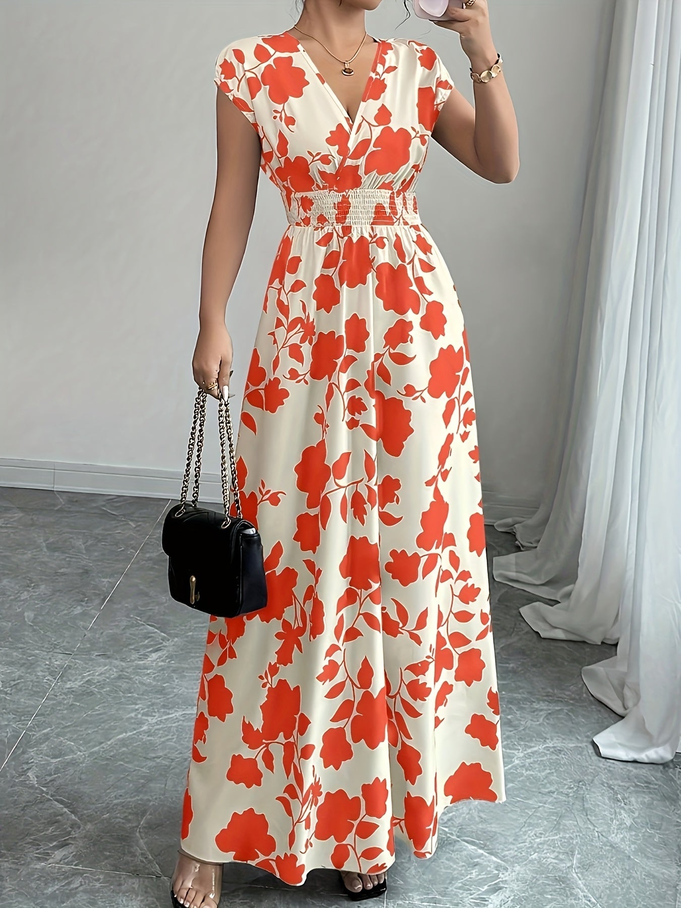 Women’s Floral V Neck Maxi Dress with Shirred Bodice