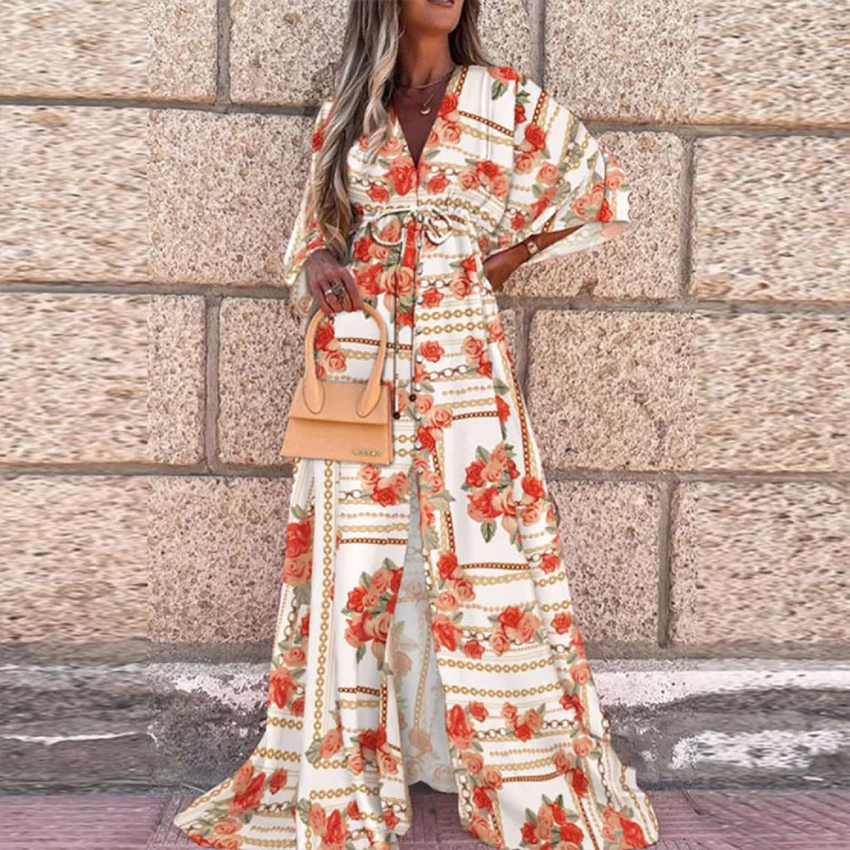 Women’s Graphic Print V-Neck Maxi Dress