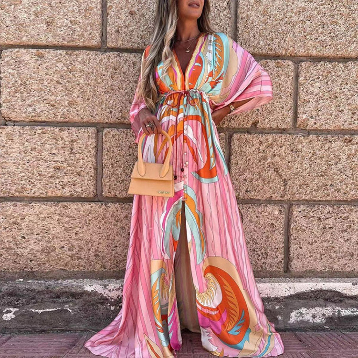 Women’s Graphic Print V-Neck Maxi Dress