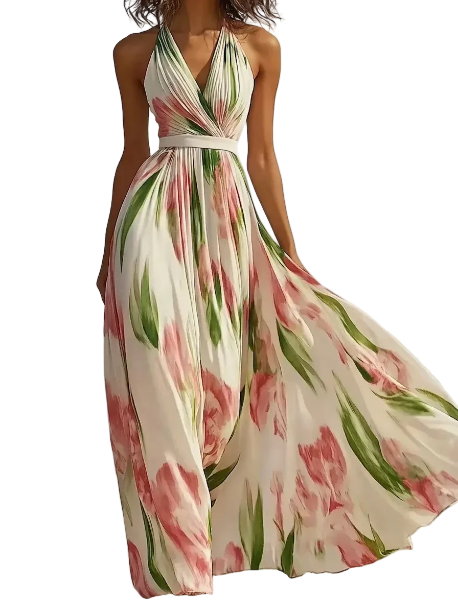 Women's Halter Maxi Dress with Floral Print
