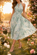 Women’s Halter Neck Pleated Printed Midi Dress