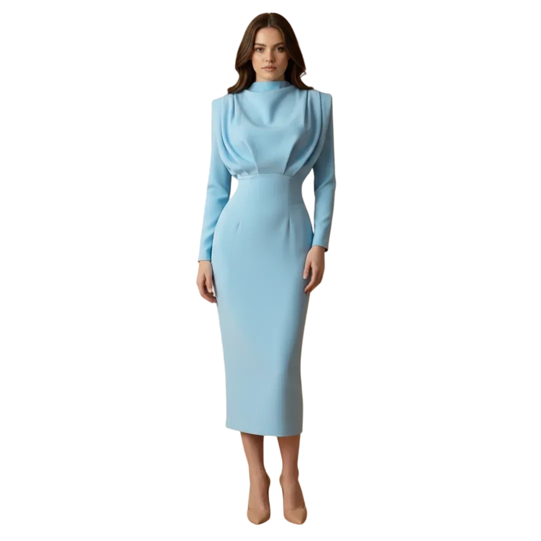 Women's High-Neck Midi Dress with Long Sleeves