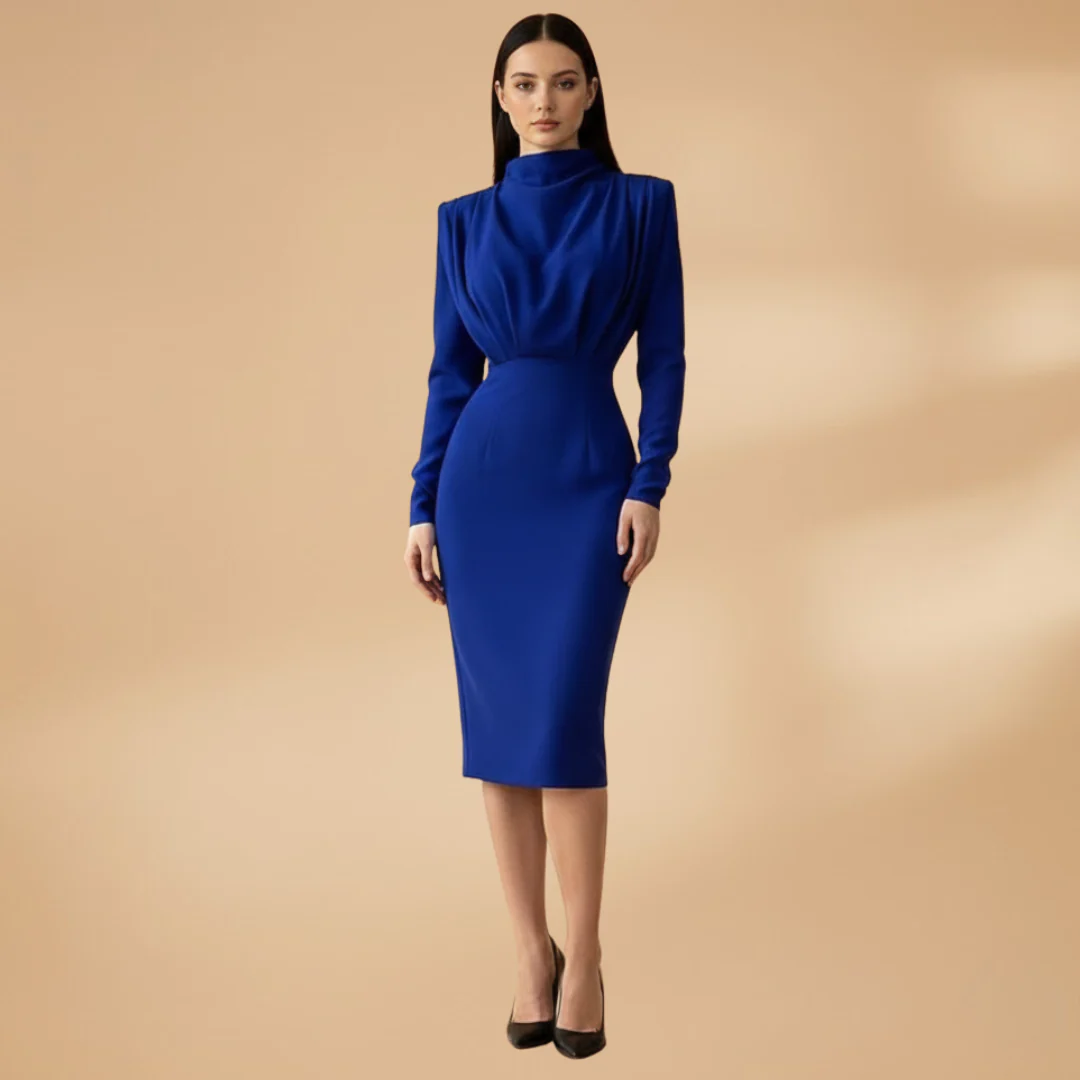 Women's High-Neck Midi Dress with Long Sleeves