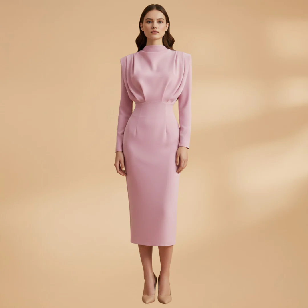 Women's High-Neck Midi Dress with Long Sleeves