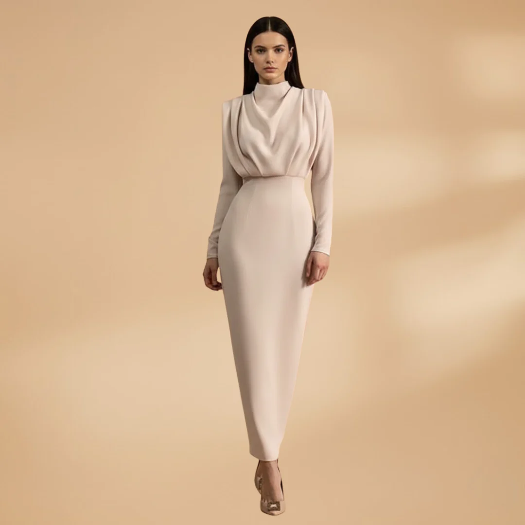 Women's High-Neck Midi Dress with Long Sleeves