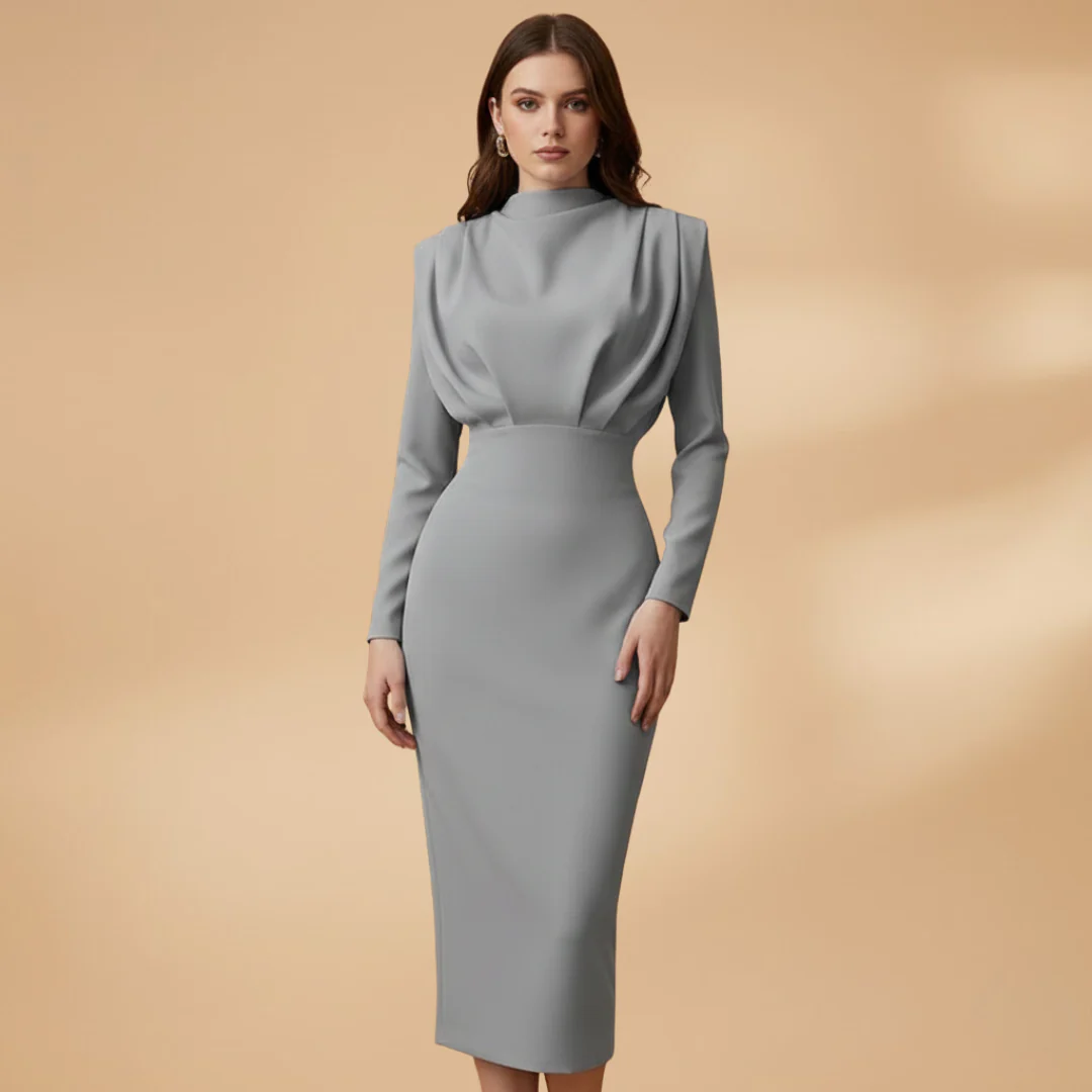 Women's High-Neck Midi Dress with Long Sleeves