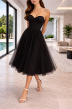 Women’s Layered Tulle Midi Dress with Structured Bodice