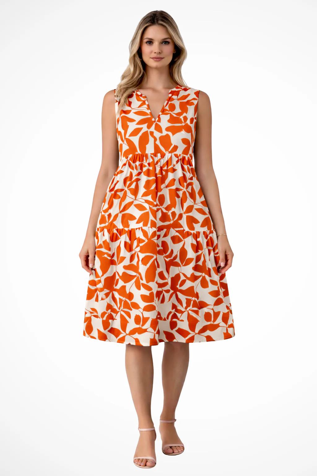 Women's Leaf Print Sleeveless Midi Dress