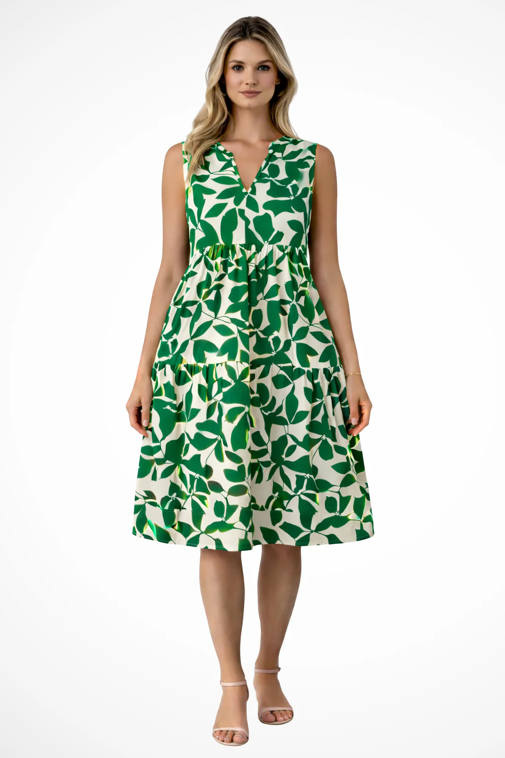 Women's Leaf Print Sleeveless Midi Dress