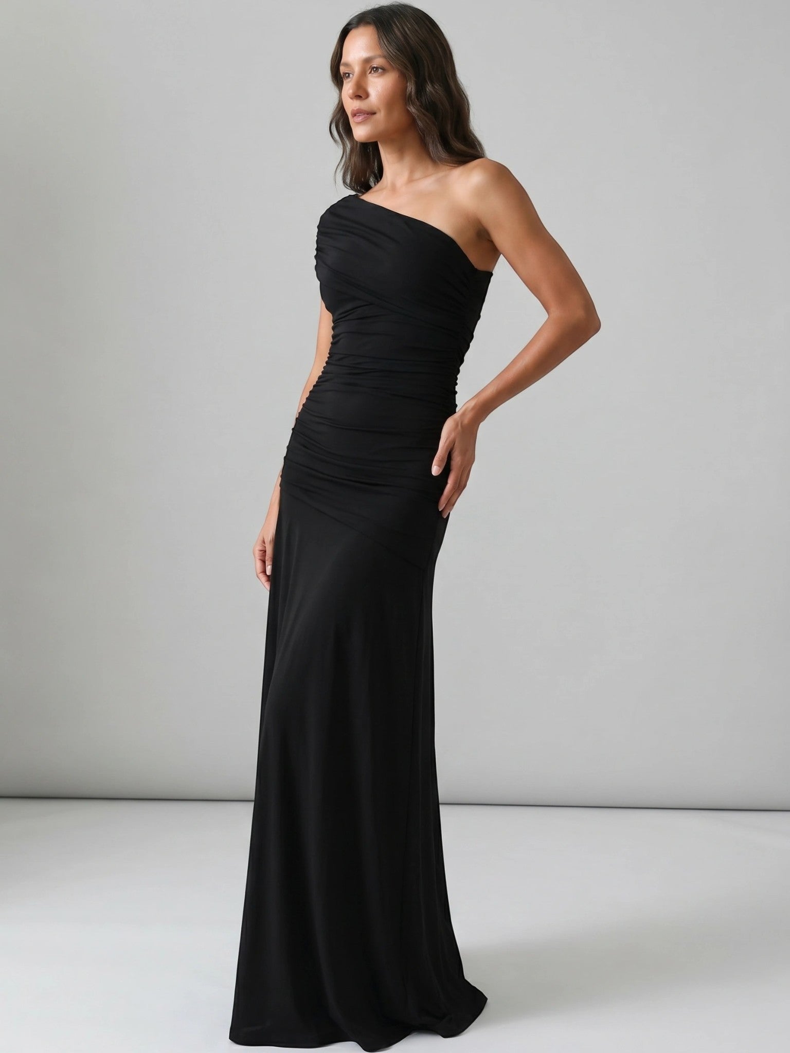 Womens Asymmetric Gathered Maxi Cocktail Dress Long Sleeve Draped