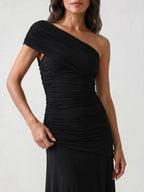 Womens Asymmetric Gathered Maxi Cocktail Dress Long Sleeve Draped
