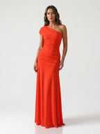 Womens Asymmetric Gathered Maxi Cocktail Dress Long Sleeve Draped