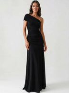 Womens Asymmetric Gathered Maxi Cocktail Dress Long Sleeve Draped