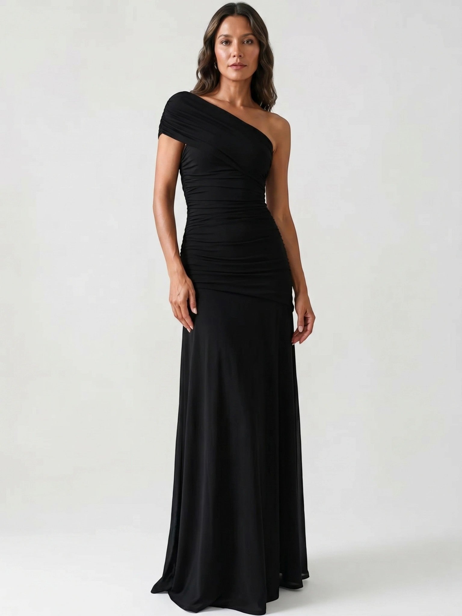 Womens Asymmetric Gathered Maxi Cocktail Dress Long Sleeve Draped