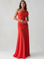 Womens Asymmetric Gathered Maxi Cocktail Dress Long Sleeve Draped