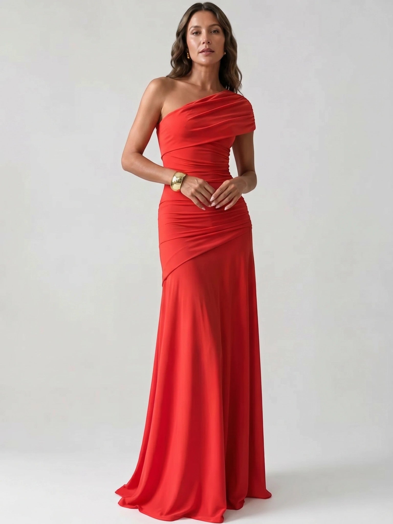 Womens Asymmetric Gathered Maxi Cocktail Dress Long Sleeve Draped