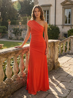 Womens Asymmetric Gathered Maxi Cocktail Dress Long Sleeve Draped