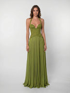Womens Pleated Corset Maxi Dress Sleeveless Fitted Waist