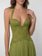 Womens Pleated Corset Maxi Dress Sleeveless Fitted Waist