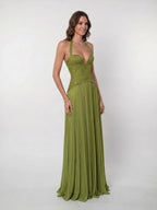 Womens Pleated Corset Maxi Dress Sleeveless Fitted Waist