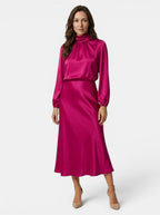 Womens High Neck Flared Midi Dress with Long Sleeves Fitted